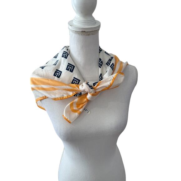 Vintage Miss Balmain Paris Large Silk Scarf Apricot Navy Blue - Picture 2 of 8